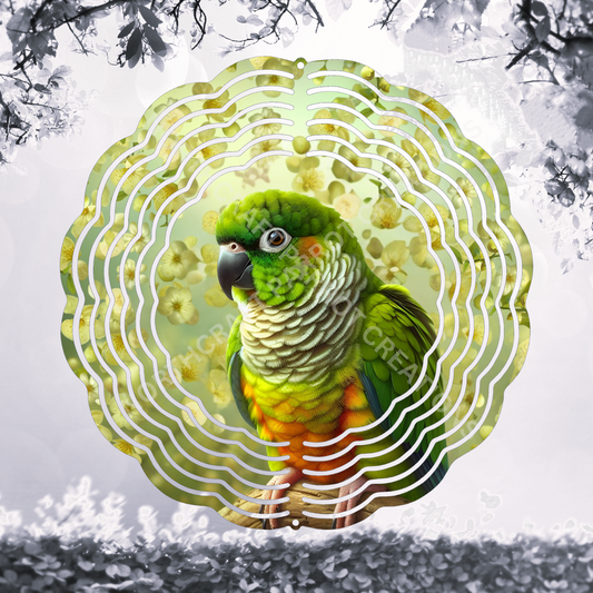 Green Cheek Conure in Small Flowers 8" or 10" Wind Spinner