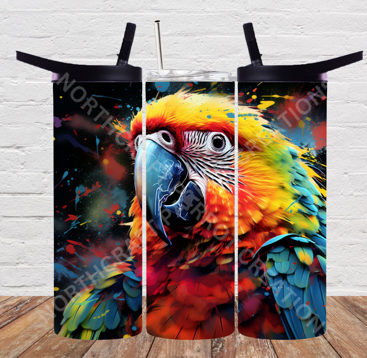 Harlequin Macaw Head with Paint Splatter Background