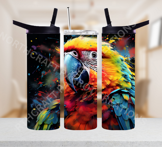 Harlequin Macaw Head with Paint Splatter Background