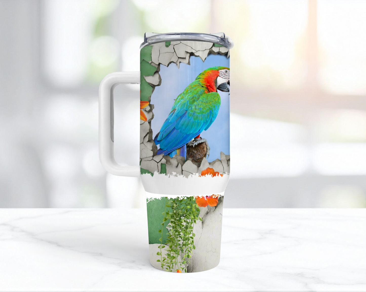 Harlequin Macaw Through a Cracked Stone Wall 40oz Tumbler