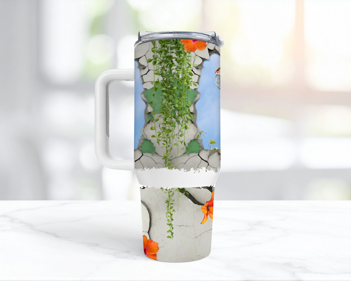 Harlequin Macaw Through a Cracked Stone Wall 40oz Tumbler