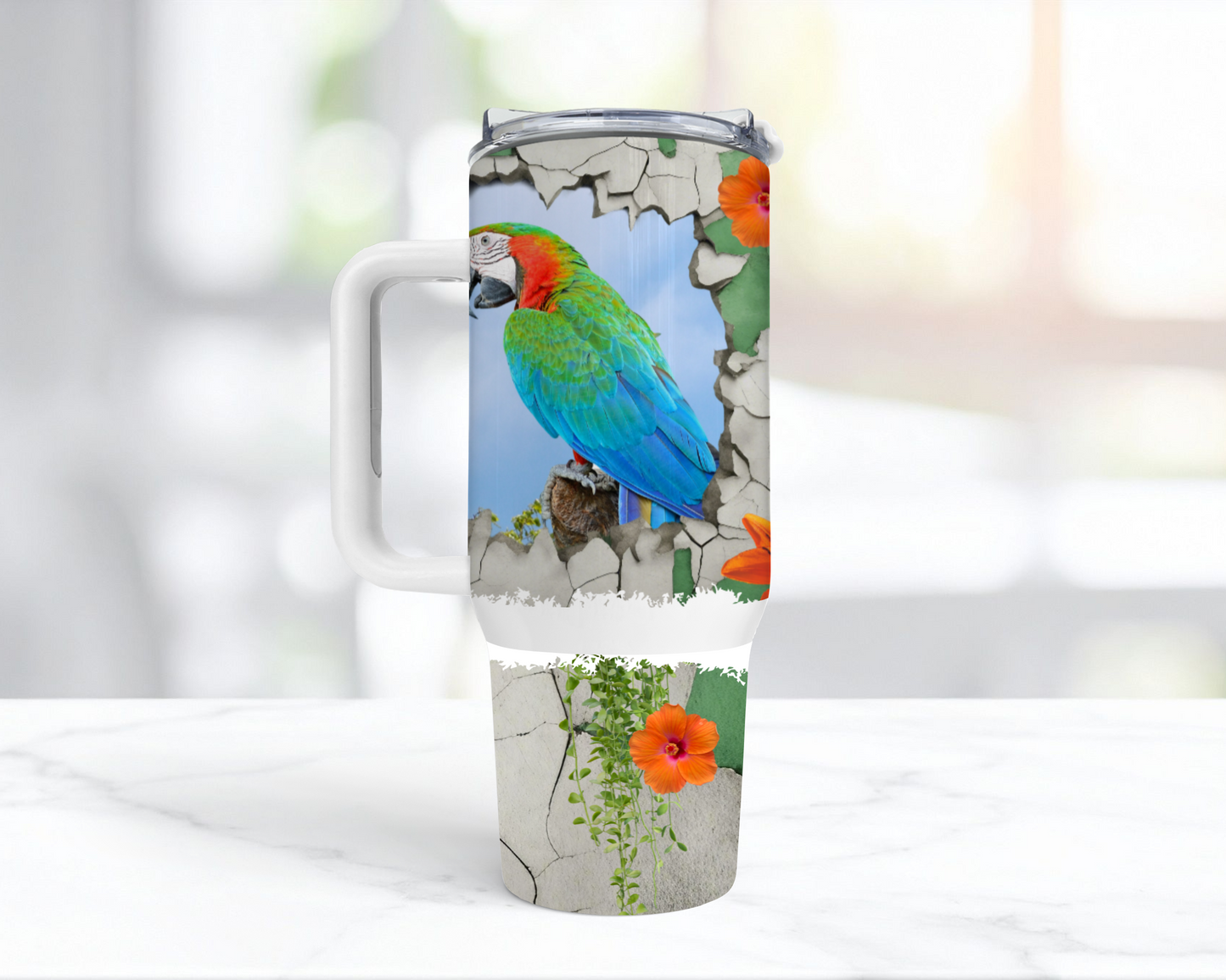 Harlequin Macaw Through a Cracked Stone Wall 40oz Tumbler