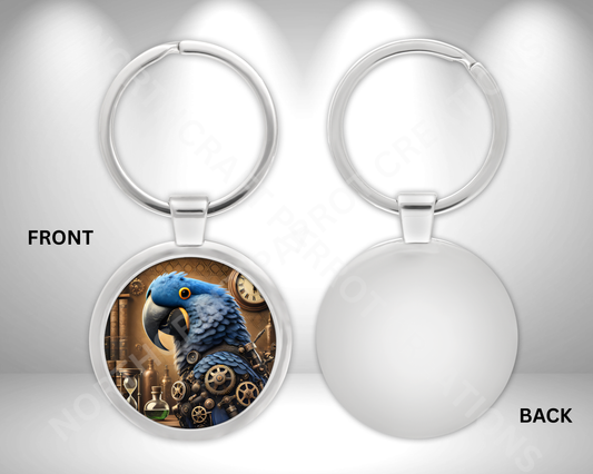Hyacinth Macaw in a Steampunk Style Circle Metal Keychain
