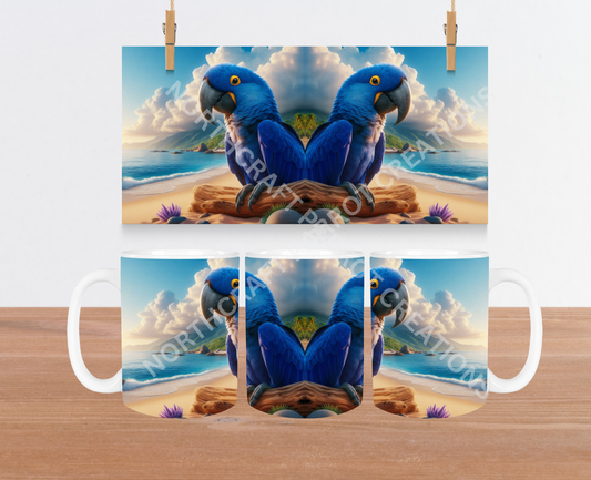 Hyacinth Macaw on a Log on a Beach 15oz Ceramic Mug
