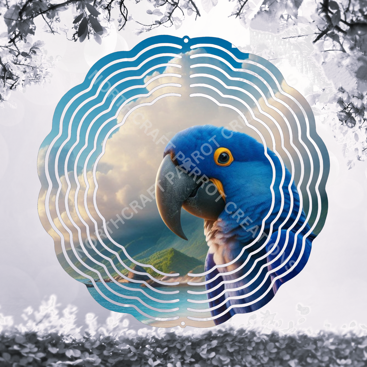 Hyacinth Macaw on Beach with Clouds 8" or 10" Wind Spinner