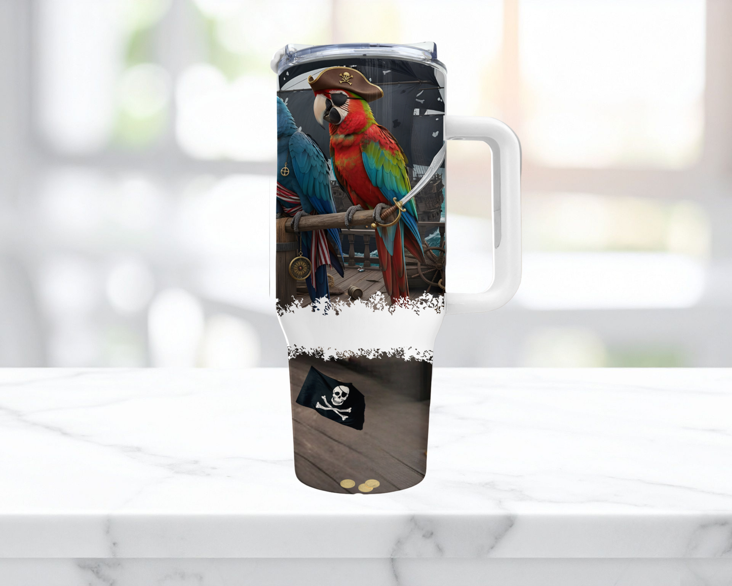 Hyacinth & Green-winged Macaws in a Pirate Theme 40oz Stainless Steel Tumbler