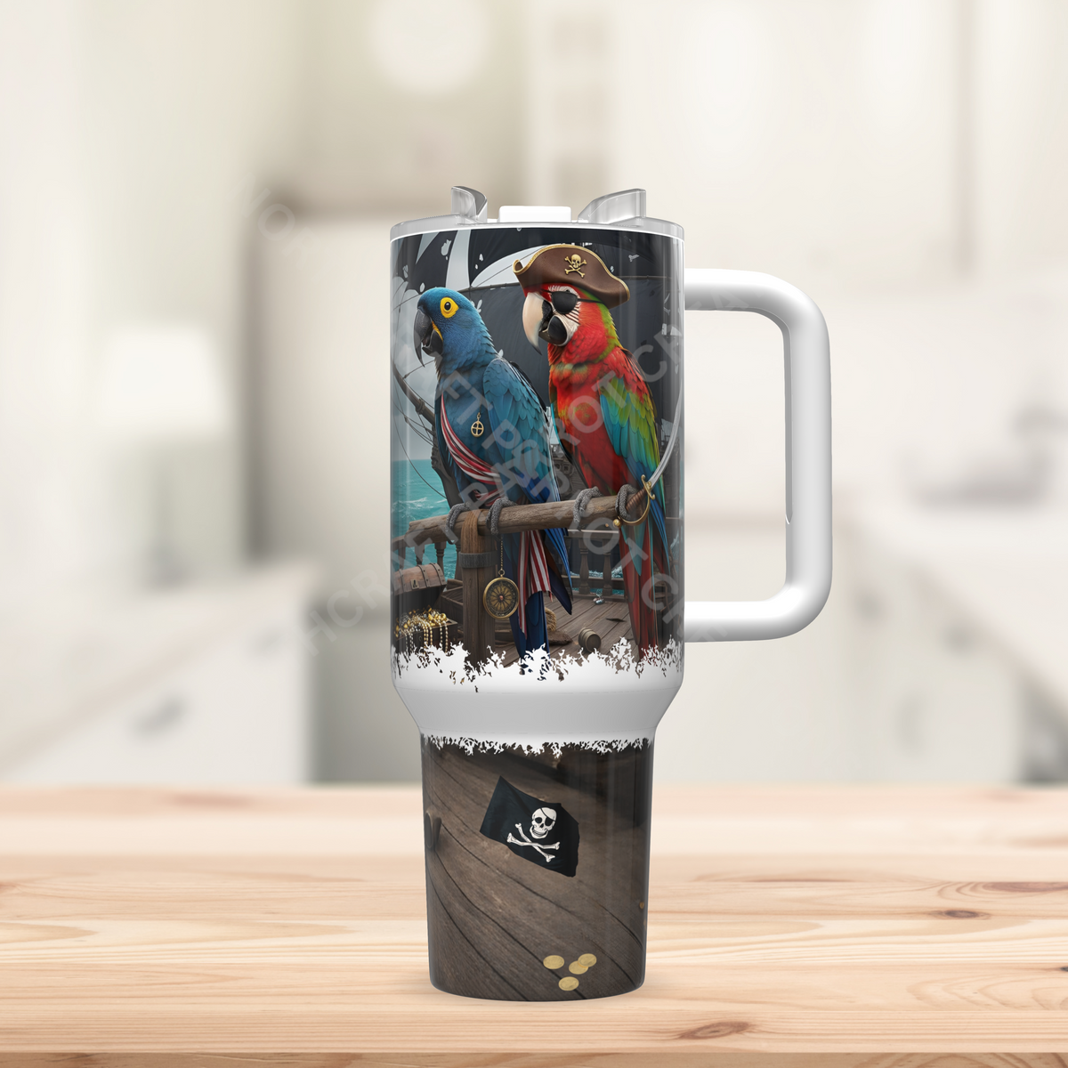 Hyacinth & Green-winged Macaws in a Pirate Theme 40oz Stainless Steel Tumbler