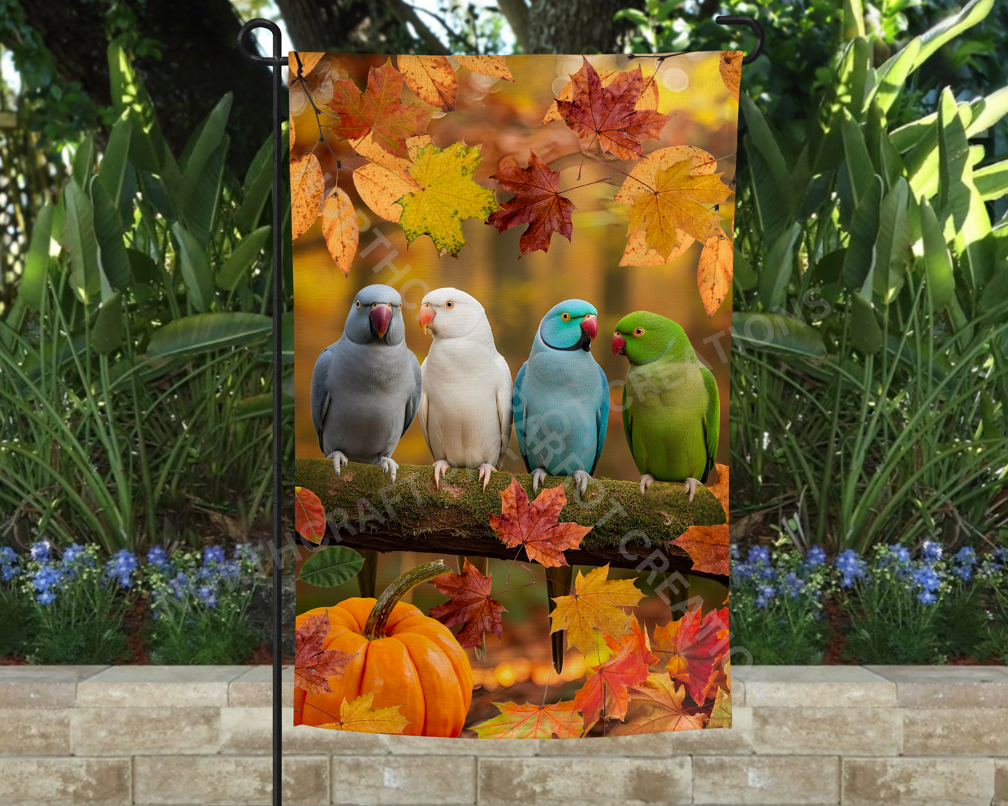 Indian Ringneck Flock Leaves and Pumpkin Garden Flag