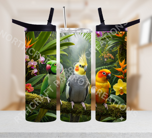 Indian Ringneck, Cockatiel & Sun Conure on Branch 20oz or 30oz Tumbler
