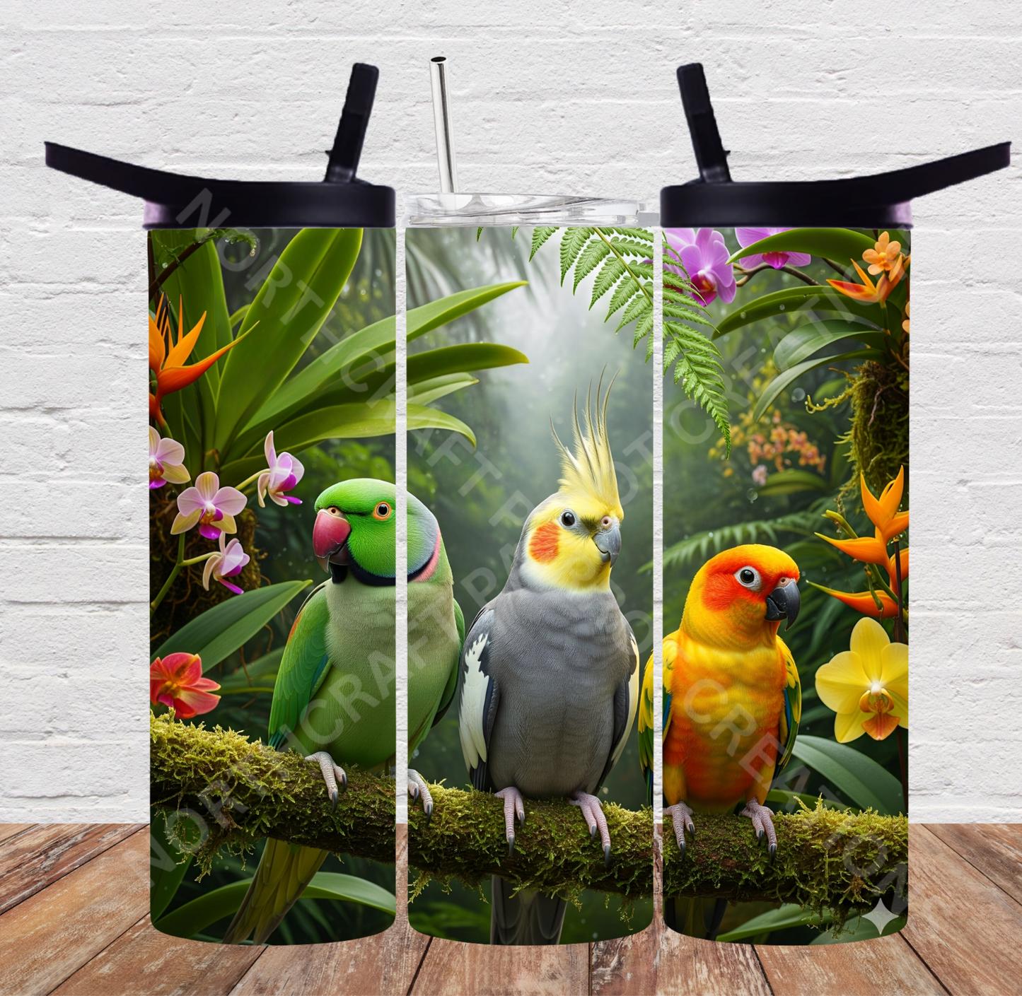 Indian Ringneck, Cockatiel & Sun Conure on Branch 20oz or 30oz Tumbler