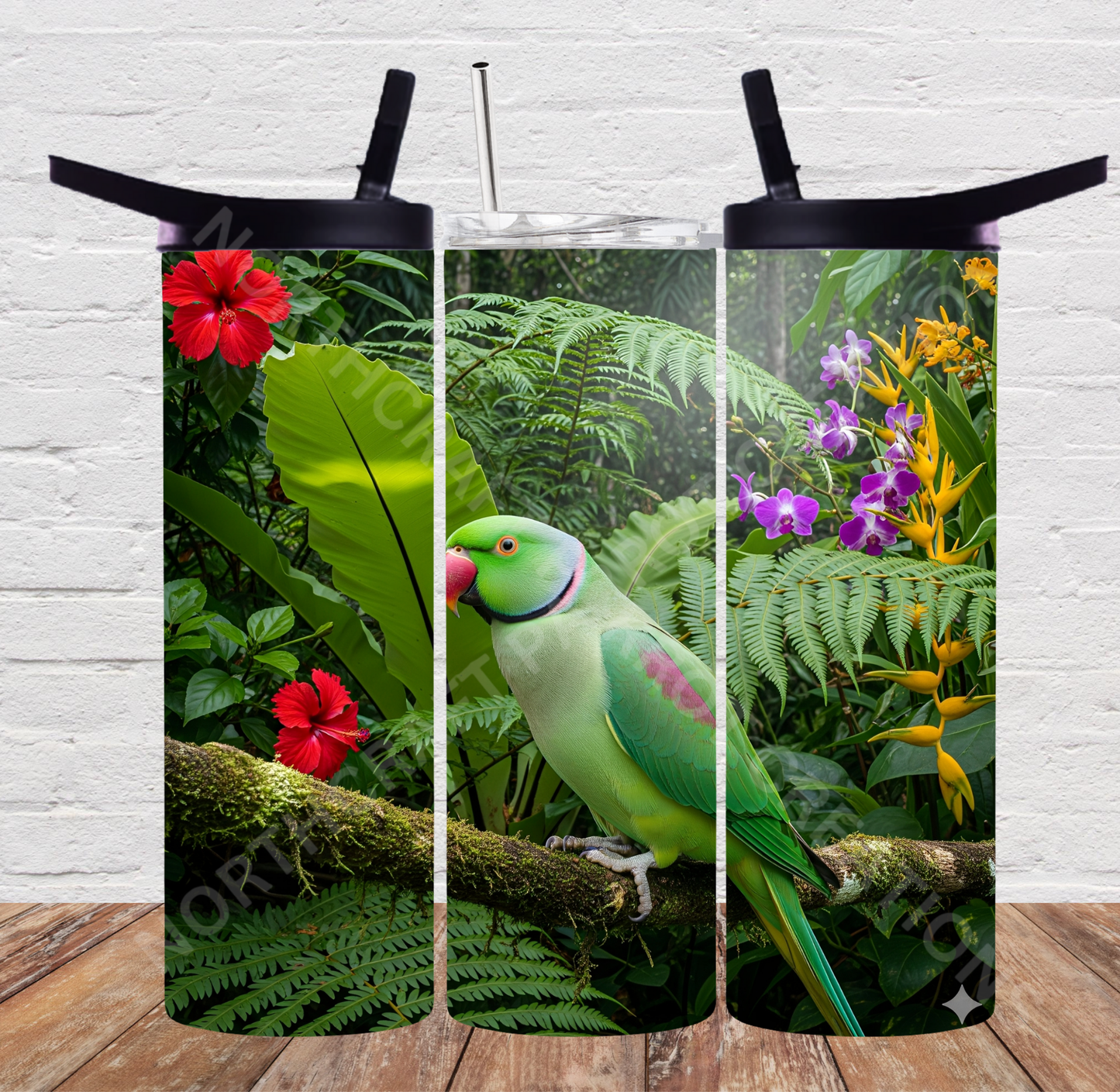 Indian Ringneck (Green) in Rainforest 20oz or 30oz Tumbler