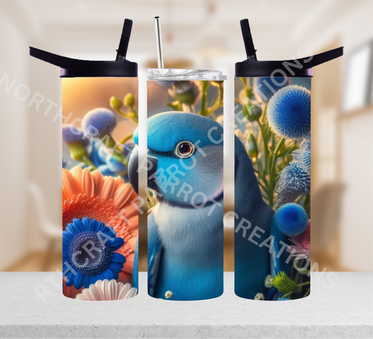 Indian Ringneck (Blue) Among Flowers 20oz or 30oz Tumbler