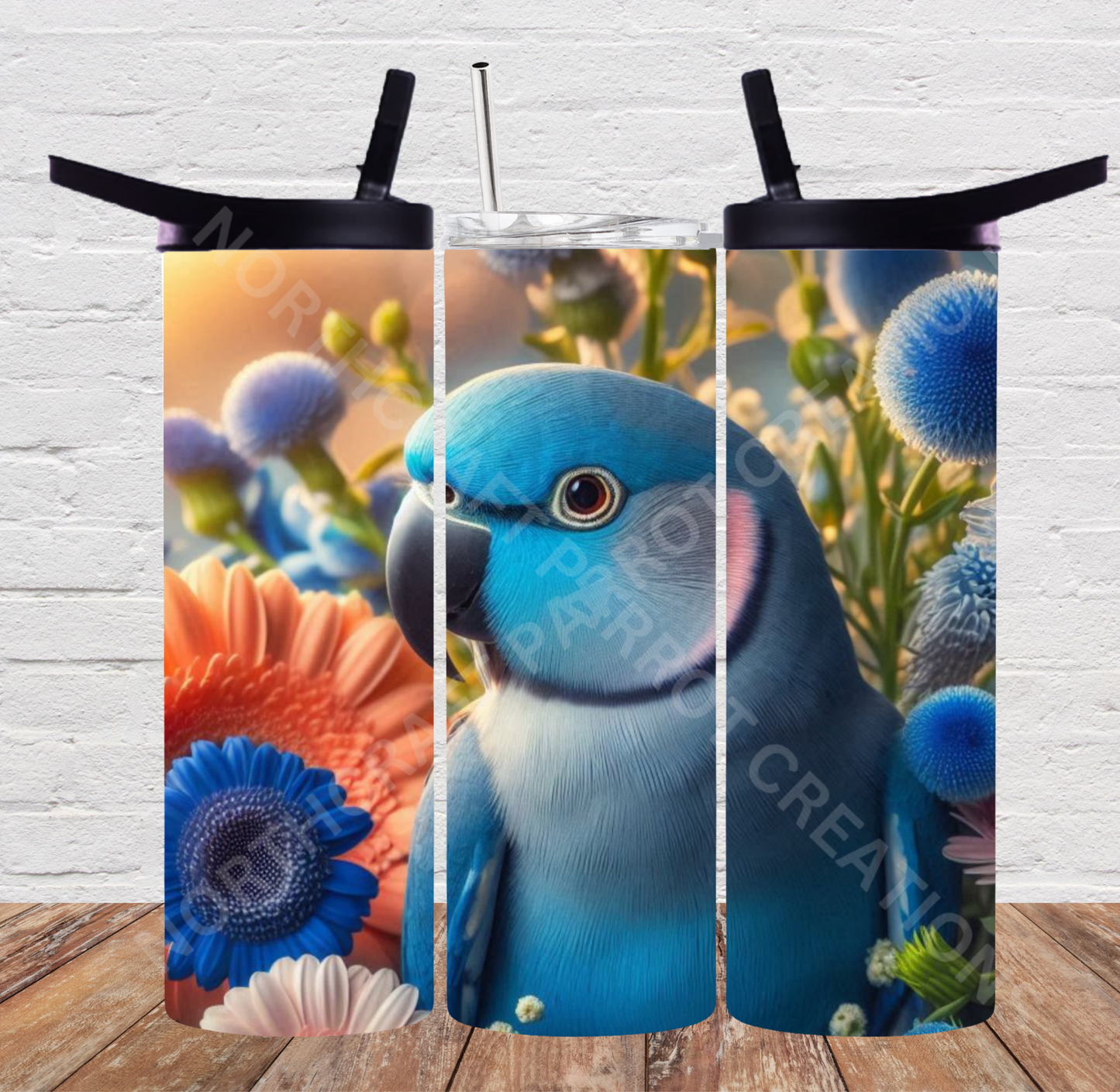 Indian Ringneck (Blue) Among Flowers 20oz or 30oz Tumbler