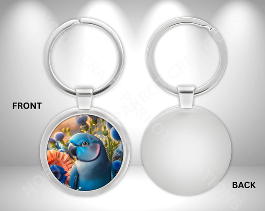 Indian Ringneck (Blue) Among Flowers Circle Metal Keychain