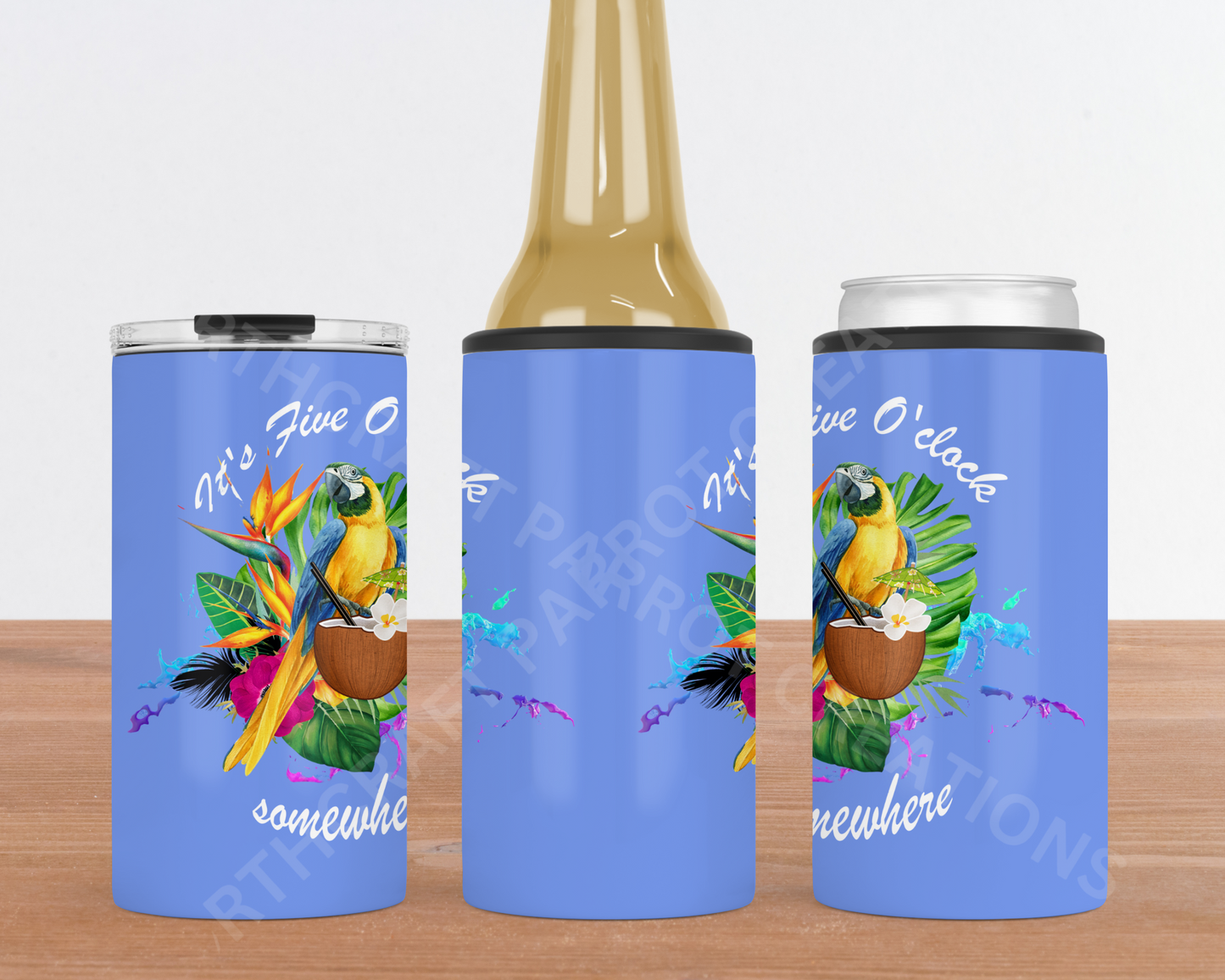 "It's Five O'clock Somewhere" Blue Background 4-in-1 Stainless Steel Can Cooler