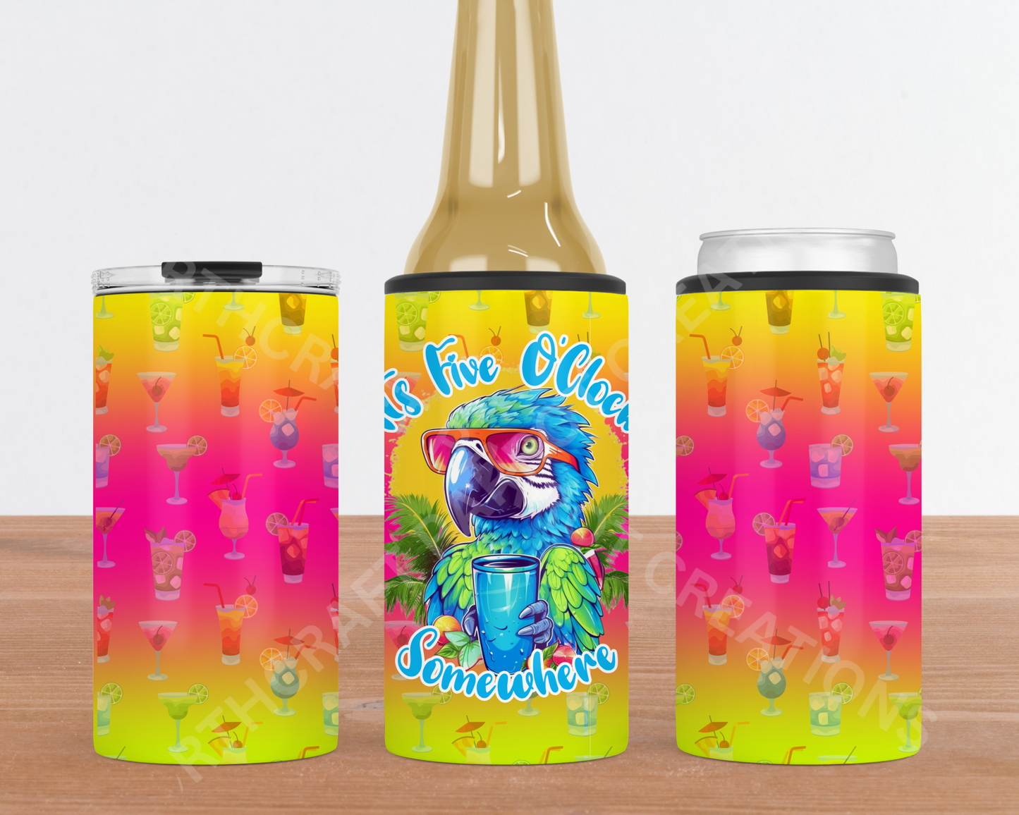 "It's Five O'clock Somewhere" Yellow Pink Drink Background 4-in-1 Stainless Steel Can Cooler