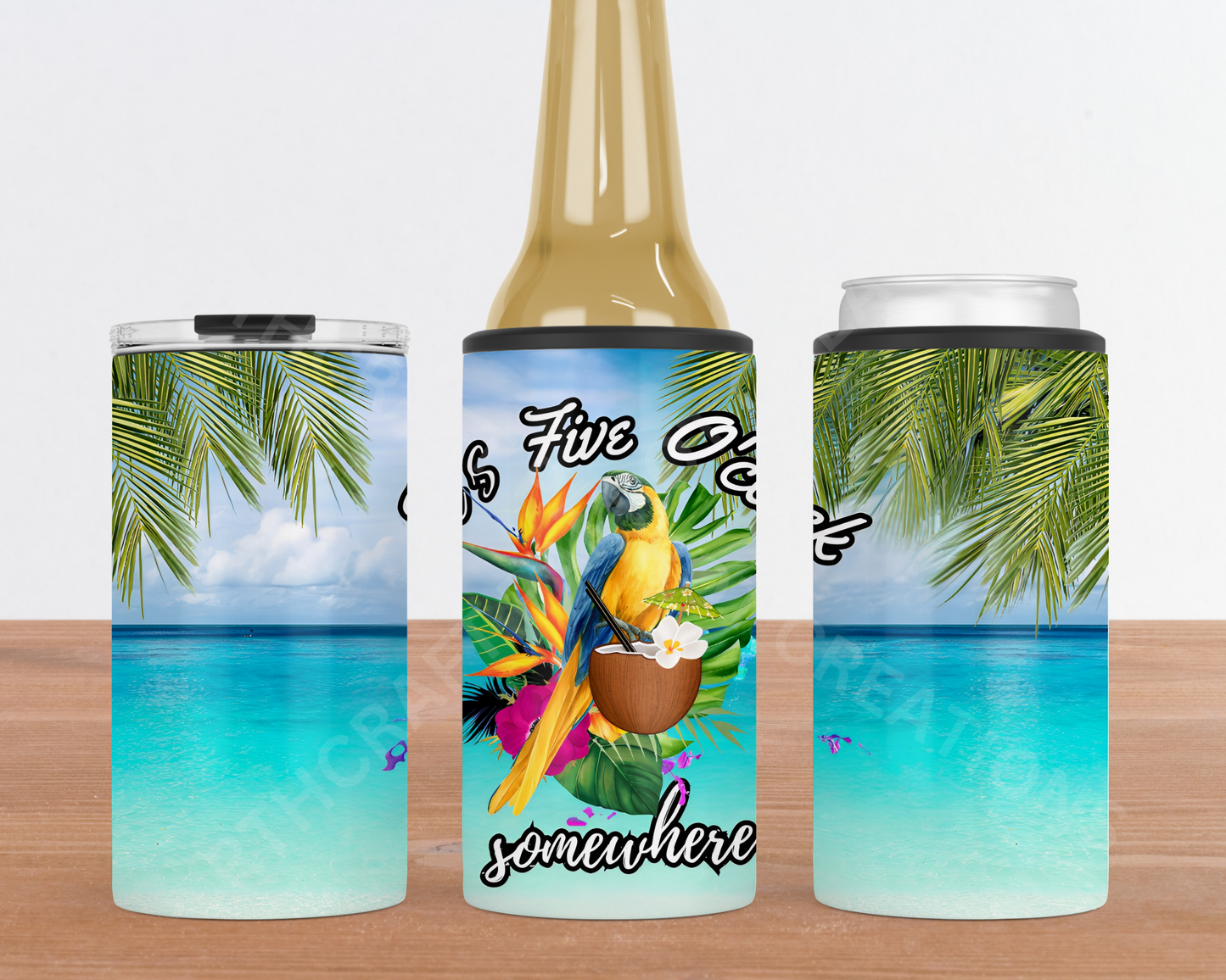 It's Five O'clock Somewhere Beach Scene 4-in-1 Stainless Steel Can Cooler