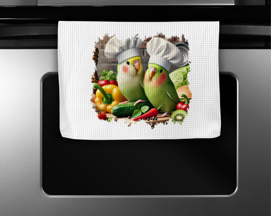 Lovebird Pair wearing Chef Hats Microfiber Kitchen Towel