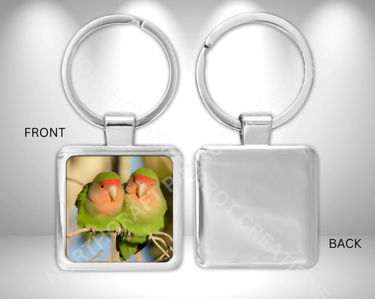 Lovebirds (Peach-Faced) on Branch Square Metal Keychain