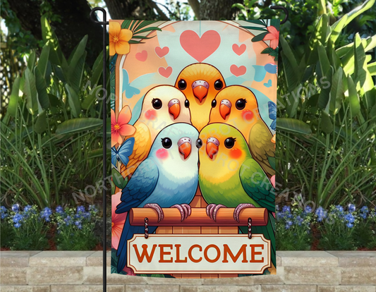 Lovebirds "Welcome" Cartoon Style Garden Flag