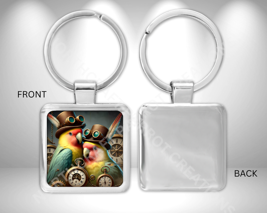 Lovebirds in a Steampunk Theme Square Metal Keychain