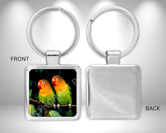 Lovebirds on a Branch with Black Background Square Metal Keychain