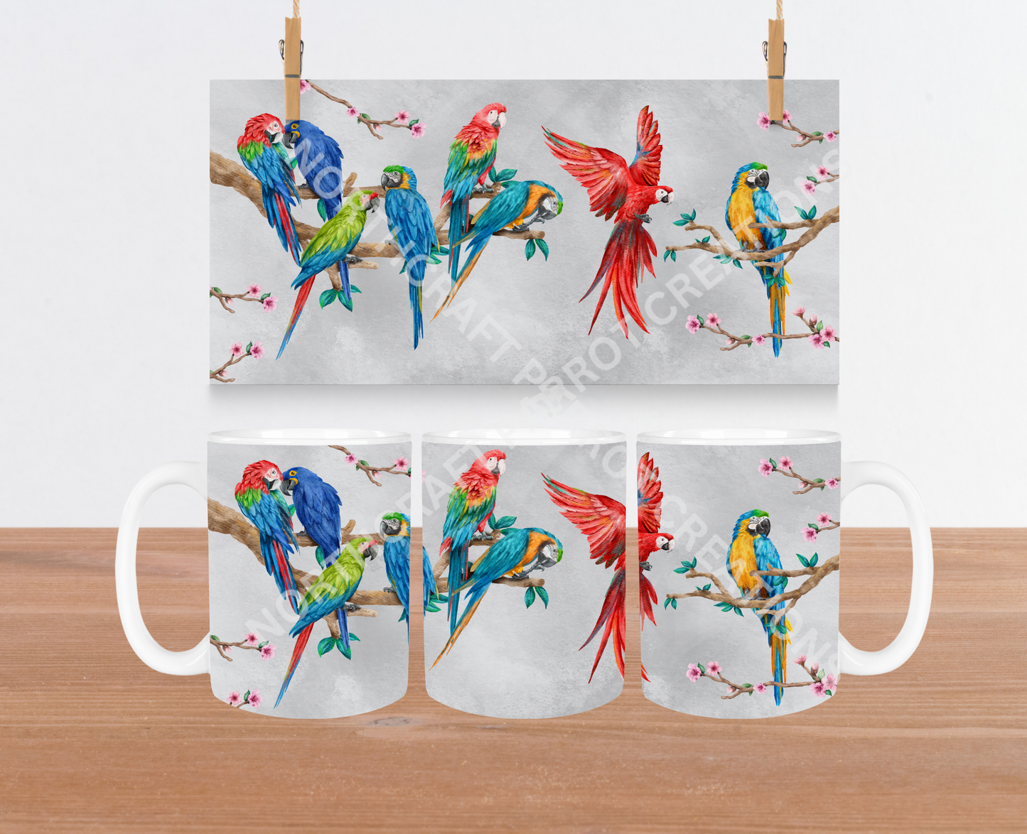 Macaw Flock on Branch, Grey Background 15oz Ceramic Mug
