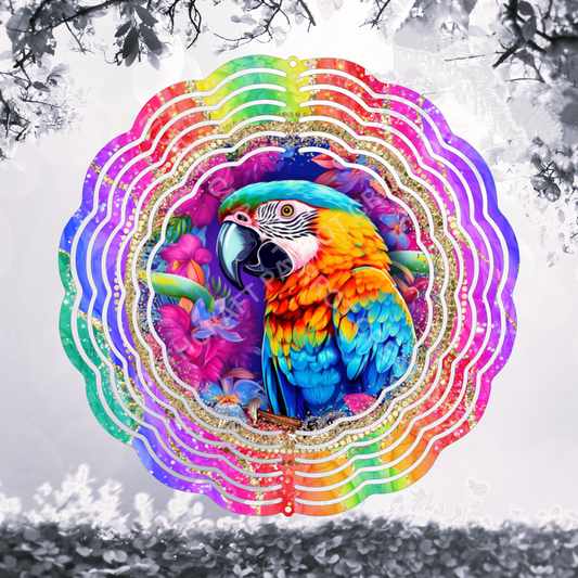 Macaw with a Colorful Tie Dye Edge 8" or 10" Wind Spinner