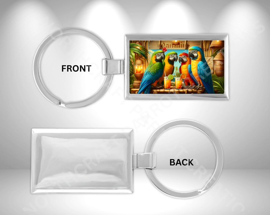 Macaw Flock Sitting at a Tiki Bar Rectangle Metal Keychain