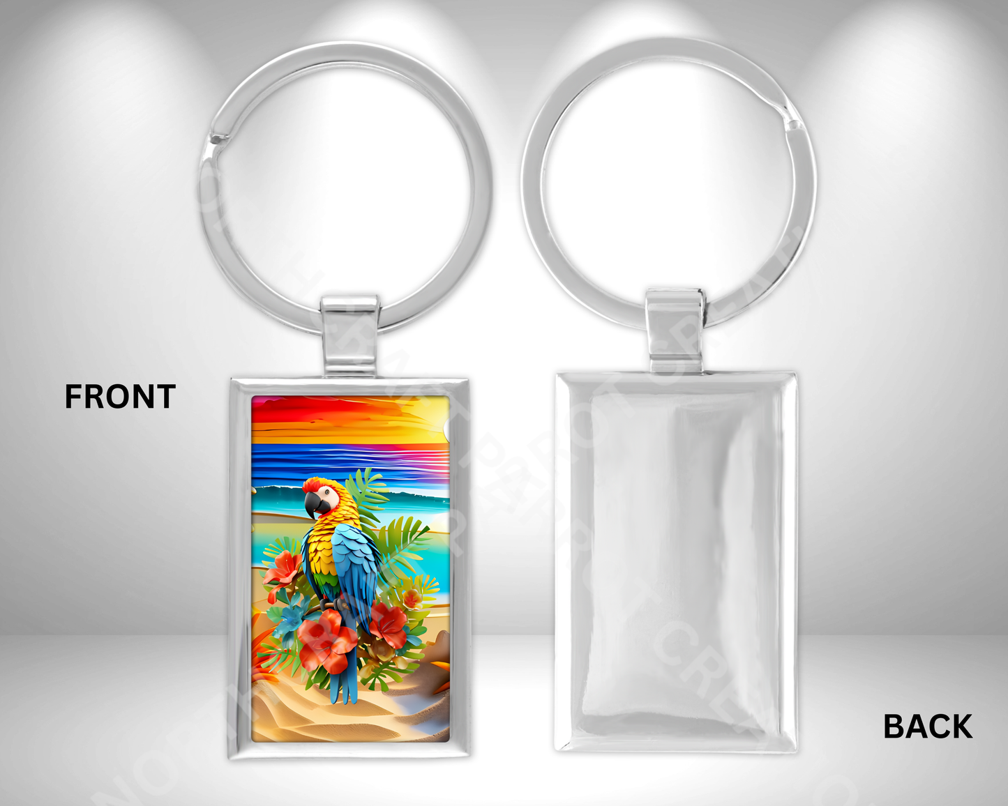 Macaw on Beach with Flowers Rectangle Metal Keychain