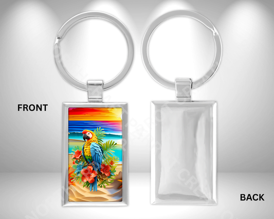 Macaw on Beach with Flowers Rectangle Metal Keychain