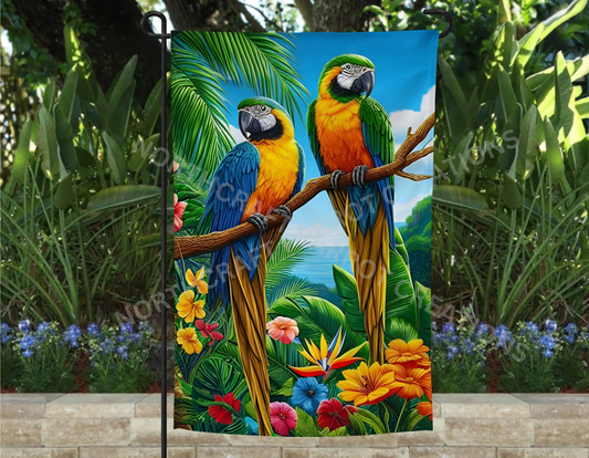 Macaw Pair on Branch with a Tropical Theme Garden Flag