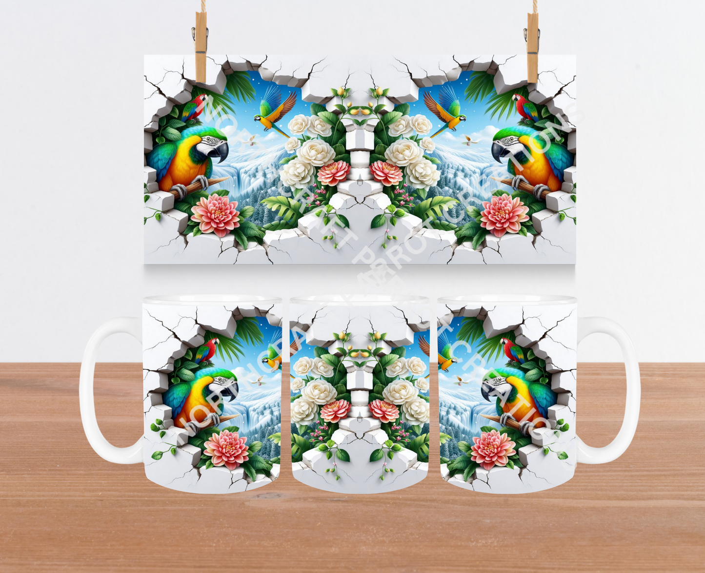 Macaws (Blue & Gold, Scarlet) Hole in Wall with Flowers 15oz Ceramic Mug