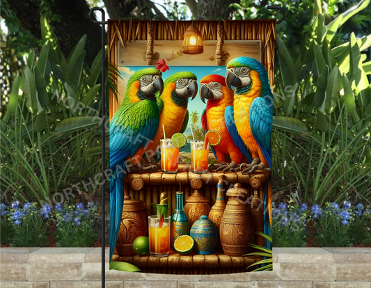 Macaws at a Tiki Bar Garden Flag
