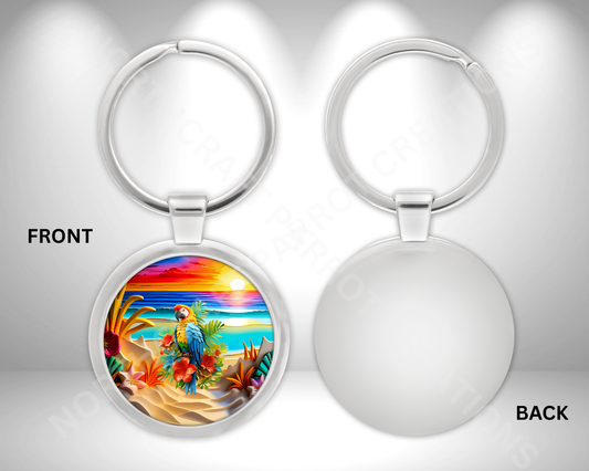 Macaw with Beach Sunset Circle Metal Keychain