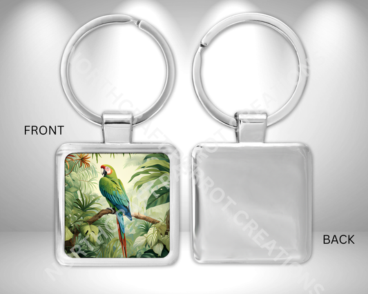 Military Macaw Perched in a Rainforest Square Metal Keychain