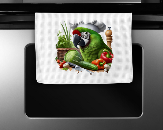 Military Macaw wearing Chef Hat Microfiber Kitchen Towel