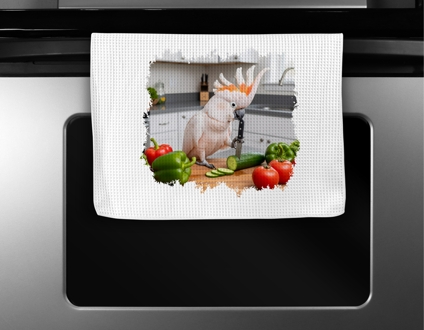 Moluccan Cockatoo Cutting Veggies Microfiber Kitchen Towel