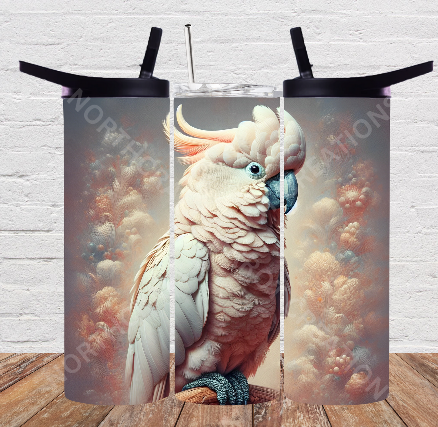 Moluccan Cockatoo with Faded Flower Effect 20oz or 30oz Tumbler