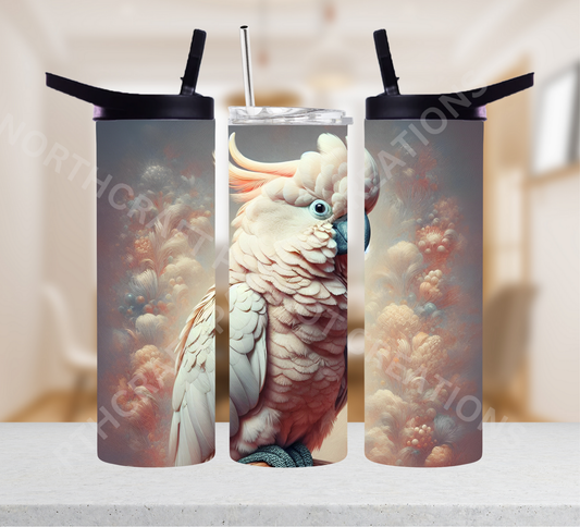 Moluccan Cockatoo with Faded Flower Effect 20oz or 30oz Tumbler