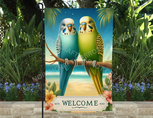 Parakeet Pair at the Beach "Welcome" Garden Flag