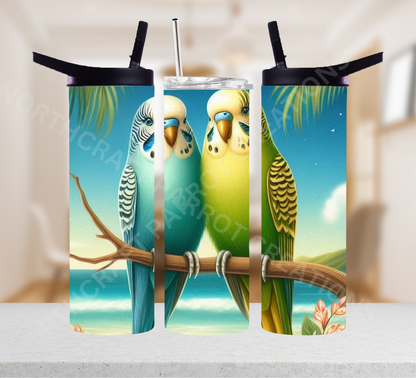 Parakeet Pair Sitting on Branch at Beach 20oz or 30oz Tumbler