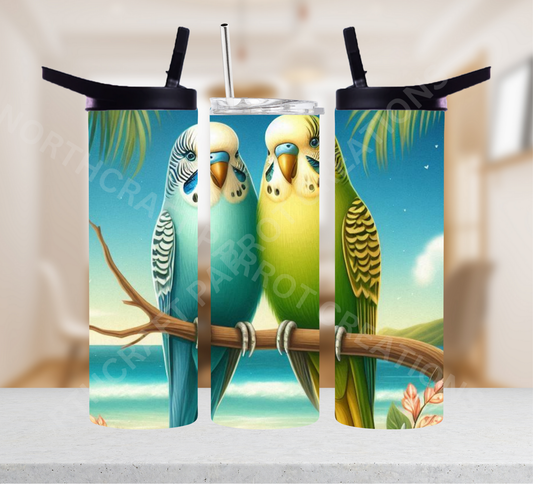 Parakeet Pair Sitting on Branch at Beach 20oz or 30oz Tumbler