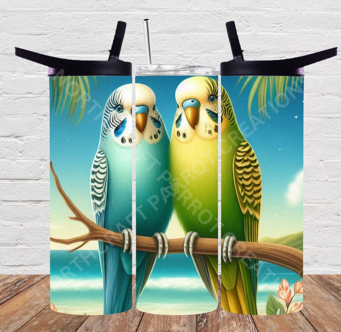 Parakeet Pair Sitting on Branch at Beach 20oz or 30oz Tumbler