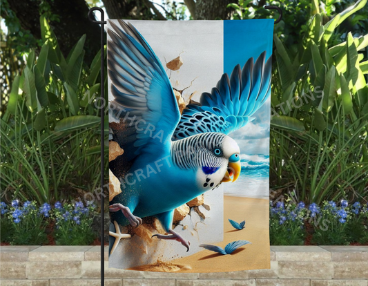 Parakeet (Blue) Flying Through a Wall Garden Flag