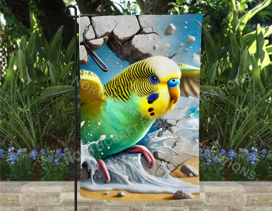 Parakeet (Green/Yellow) Flying Through a Wall Garden Flag