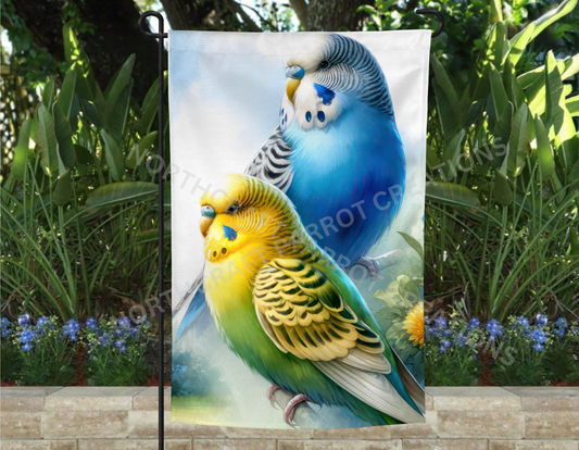 Parakeet Pair (Yellow, Green/Blue) Misty Flowered Garden Flag