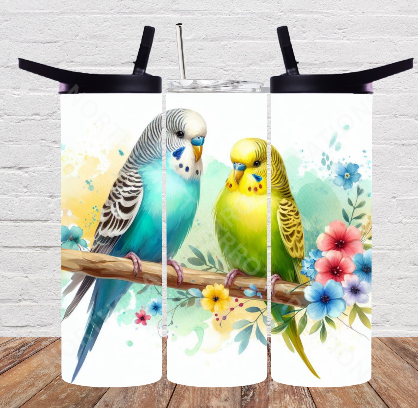 Parakeets Green and Blue on Branch 20oz or 30oz Tumbler