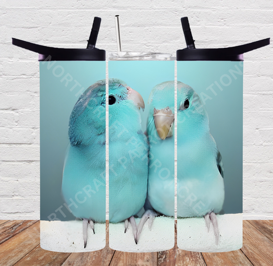Parrotlet Pair (Blue) on White Perch 20oz or 30oz Tumbler