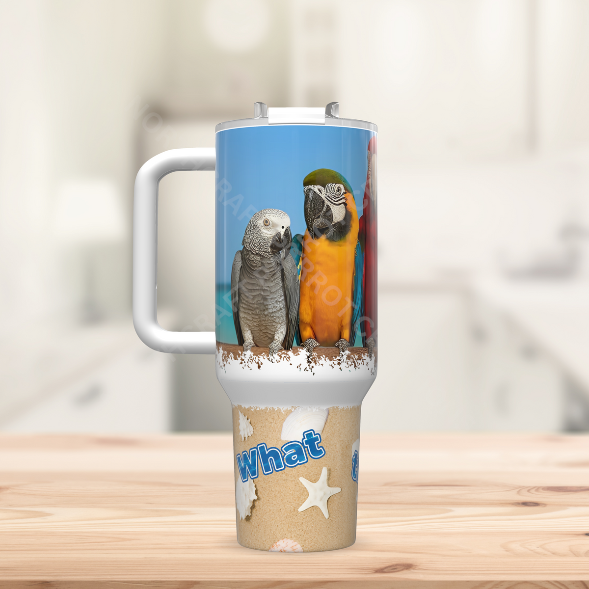 Parrot Flock with Ocean Scene "What the Flock" 40oz Stainless Steel Tumbler
